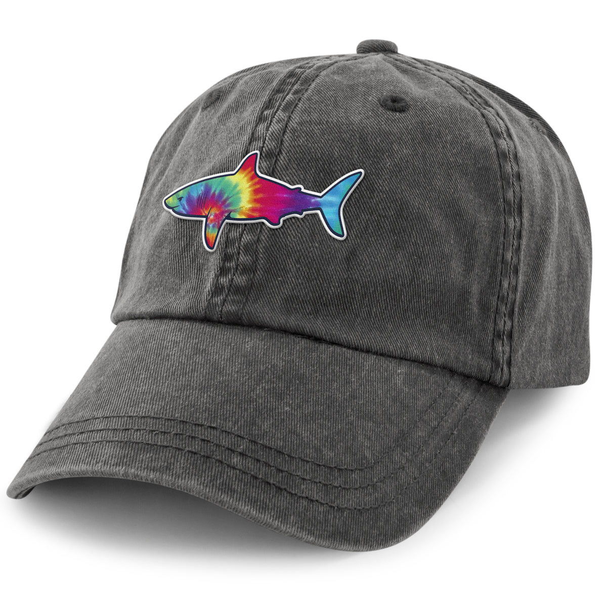 Tie Dye Shark washed dad hat in washed charcoal — swirled shark face on pigment-dyed cap