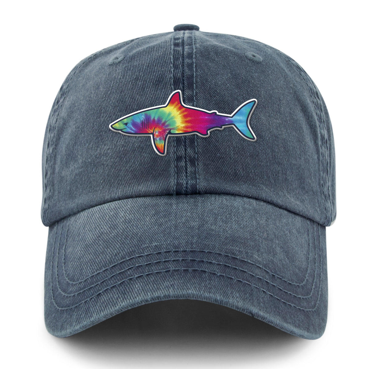 Front of washed navy Tie Dye Shark dad hat with swirled shark face graphic
