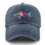 Front of washed navy Tie Dye Shark dad hat with swirled shark face graphic