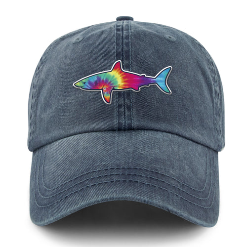 Front of washed navy Tie Dye Shark dad hat with swirled shark face graphic