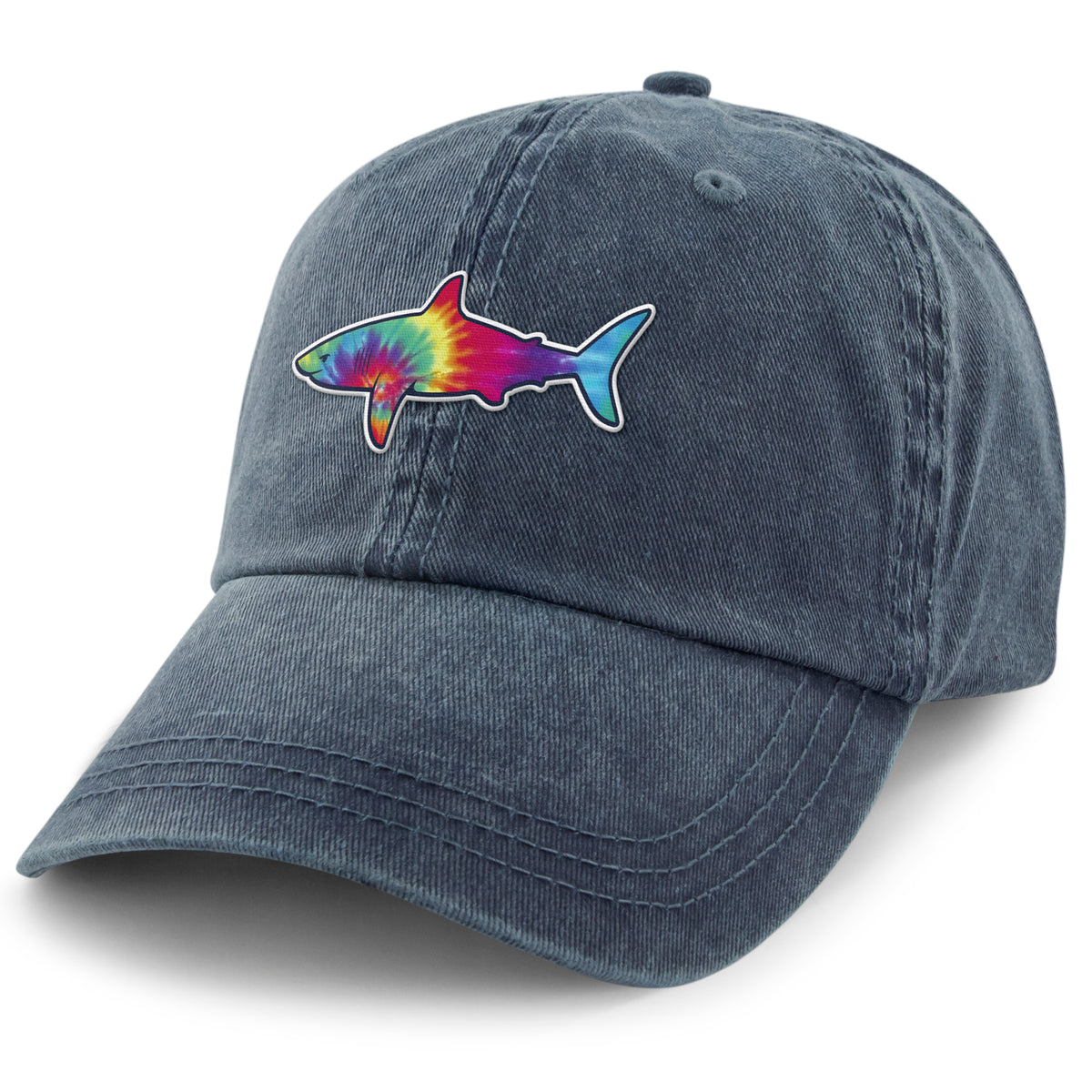Tie Dye Shark washed dad hat in washed navy — swirled shark face on pigment-dyed cap