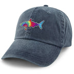 Tie Dye Shark washed dad hat in washed navy — swirled shark face on pigment-dyed cap