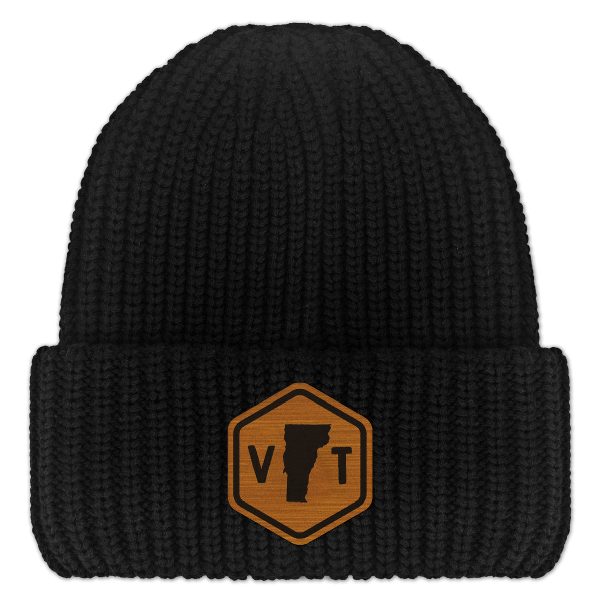 Vermont State Sign Wood Grain Patch Chunky Knit Winter Hat - Chowdaheadz
