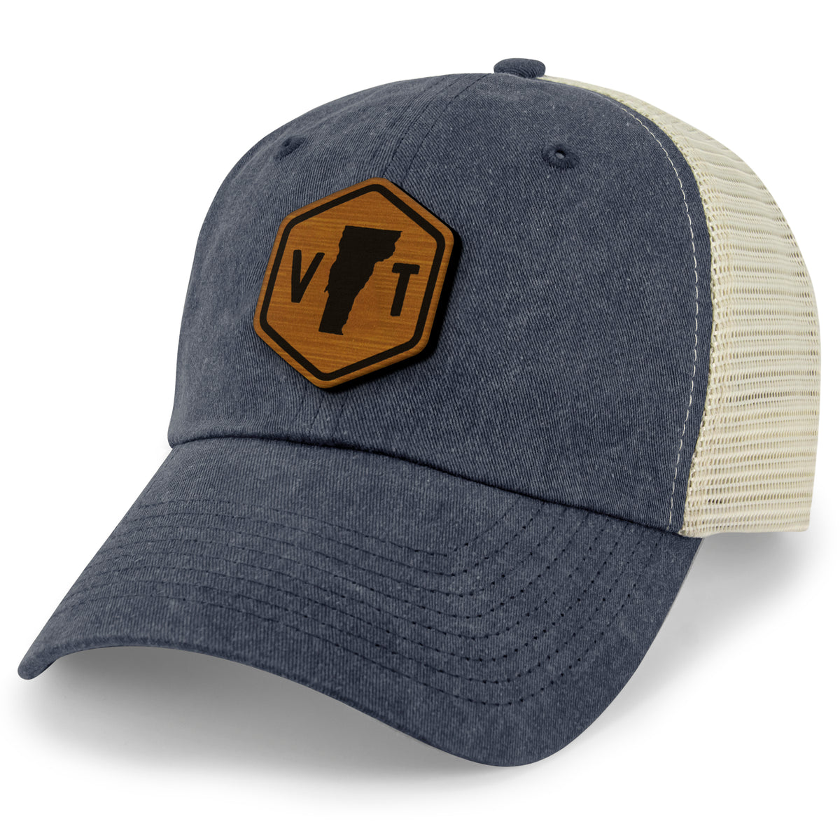 Vermont State Sign Wood Grain Patch Relaxed Trucker Hat - Chowdaheadz