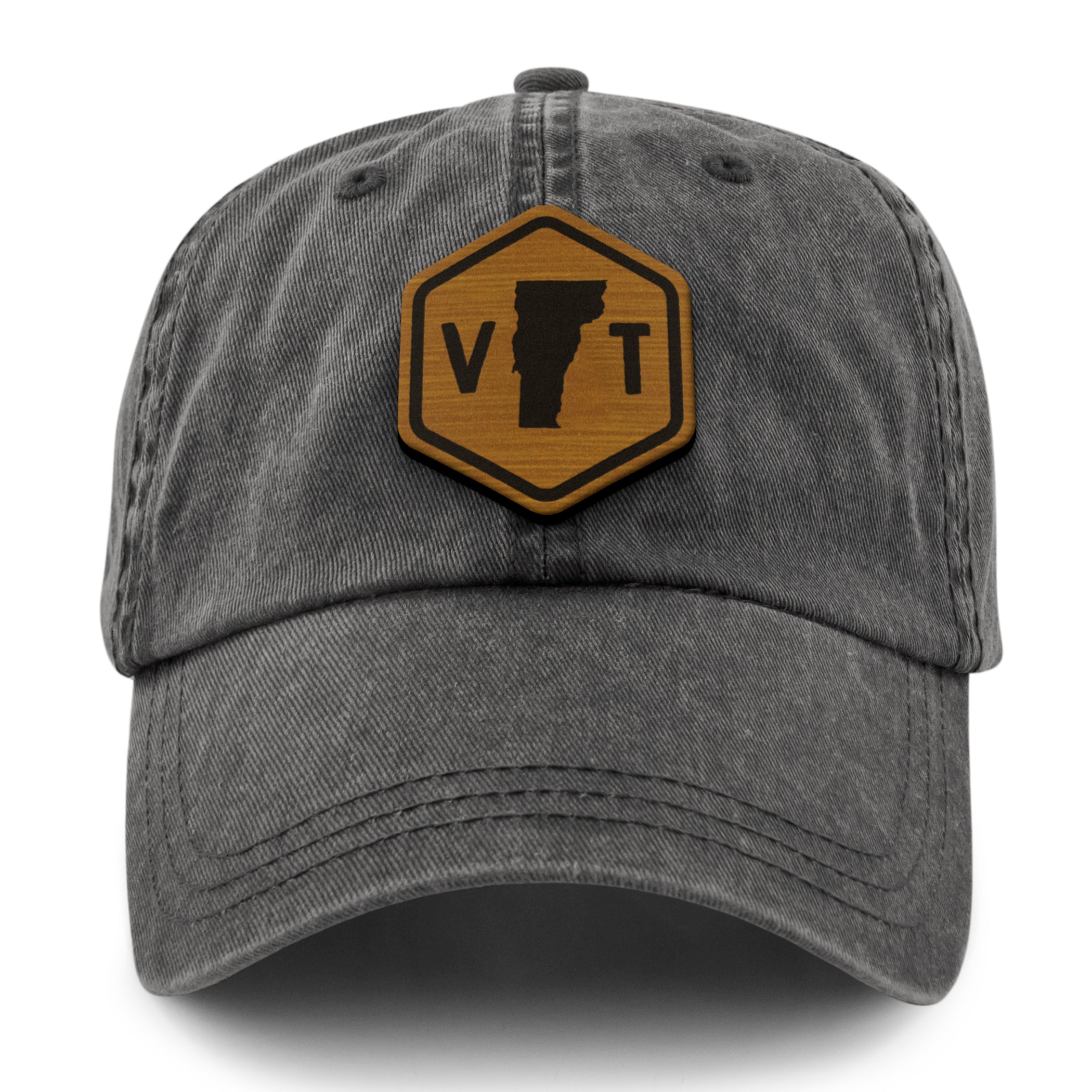 Vermont State Sign Wood Grain Patch Washed Dad Hat