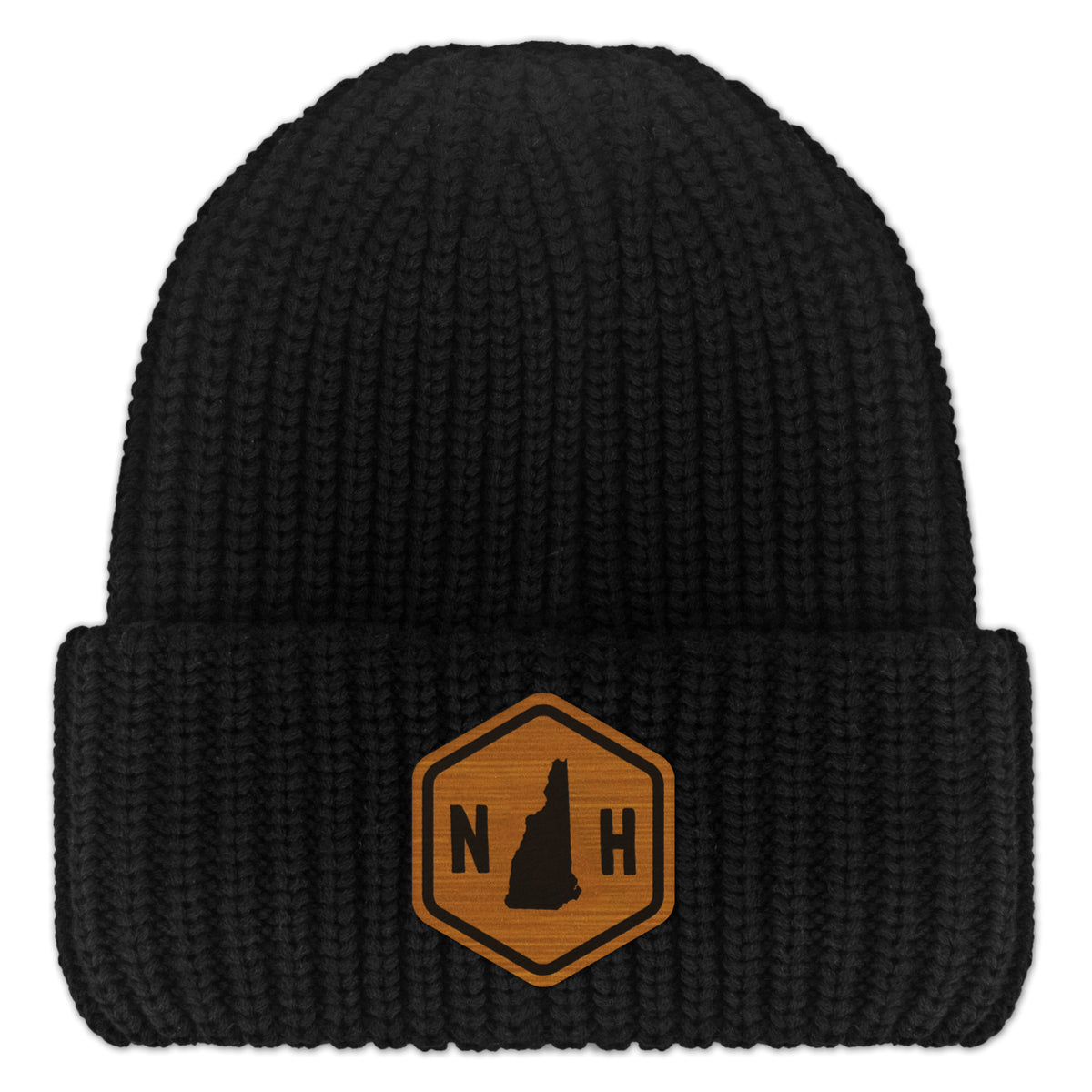 New Hampshire State Sign Wood Grain Patch Chunky Knit Winter Hat - Chowdaheadz