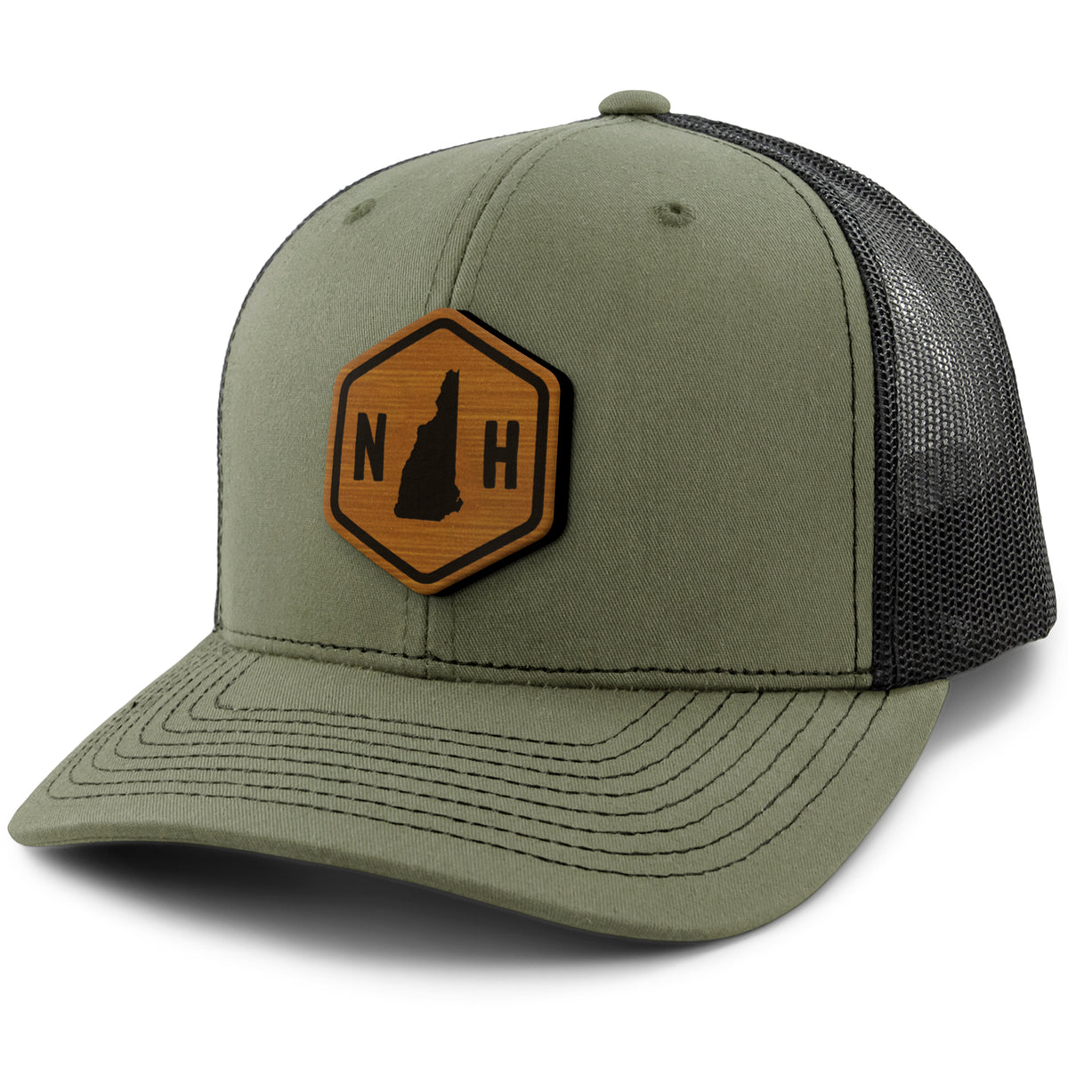 New Hampshire State Sign Wood Grain Patch Classic Snapback Trucker Hat - Chowdaheadz
