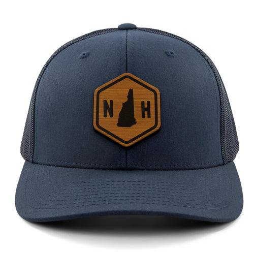 New Hampshire State Sign Wood Grain Patch Classic Snapback Trucker Hat - Chowdaheadz