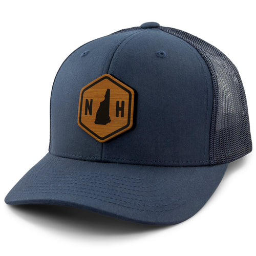 New Hampshire State Sign Wood Grain Patch Classic Snapback Trucker Hat - Chowdaheadz