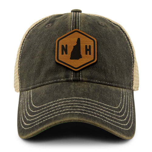 New Hampshire State Sign Wood Grain Patch Dirty Water Trucker Hat - Chowdaheadz