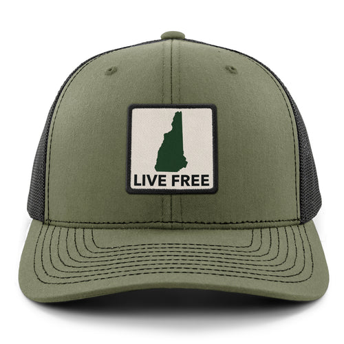 Live Free New Hampshire Printed Patch Classic Snapback Trucker Hat - Chowdaheadz