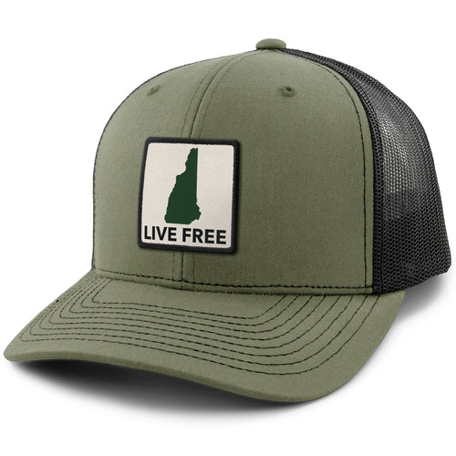 Live Free New Hampshire Printed Patch Classic Snapback Trucker Hat - Chowdaheadz