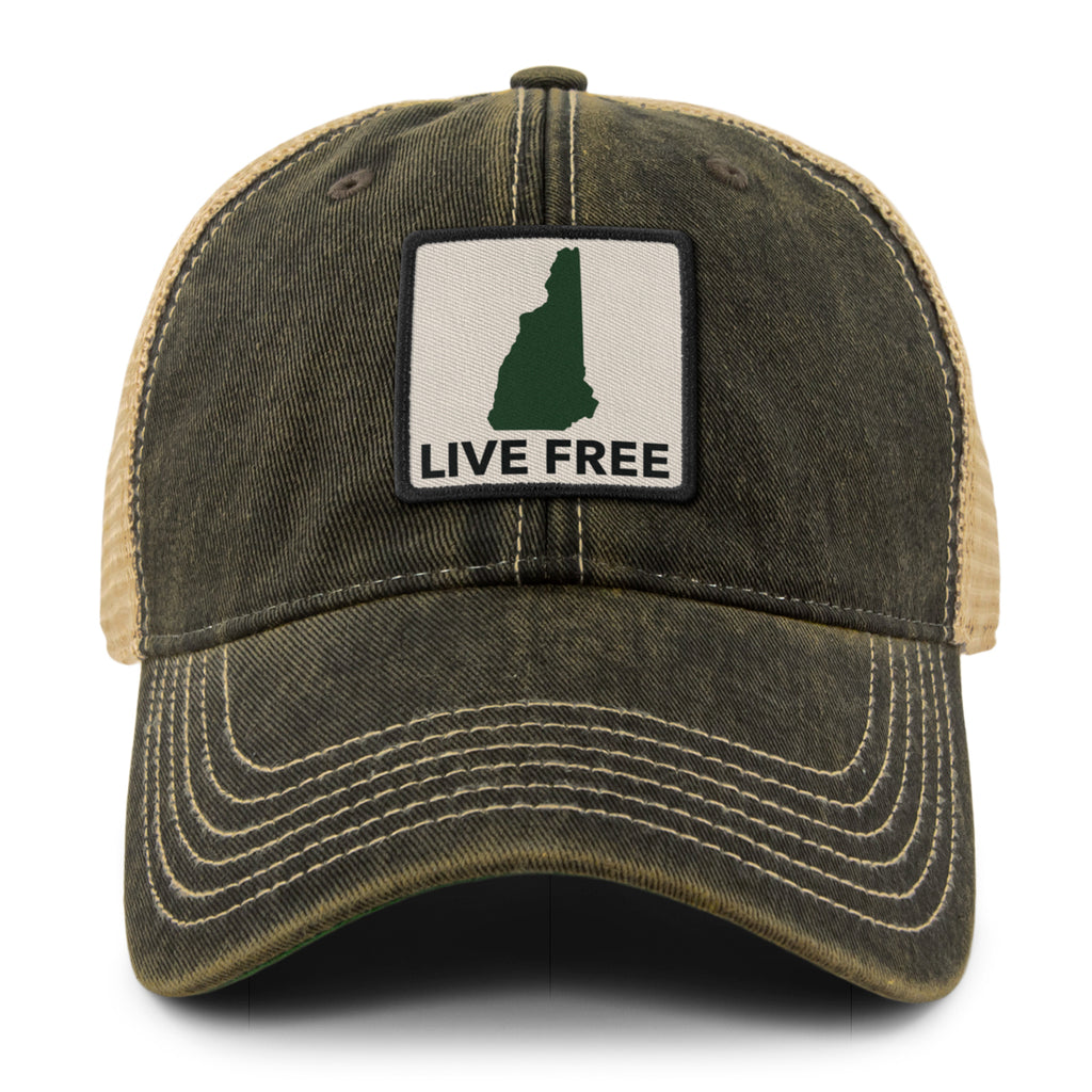 Live Free New Hampshire Printed Patch Dirty Water Trucker Hat - Chowdaheadz