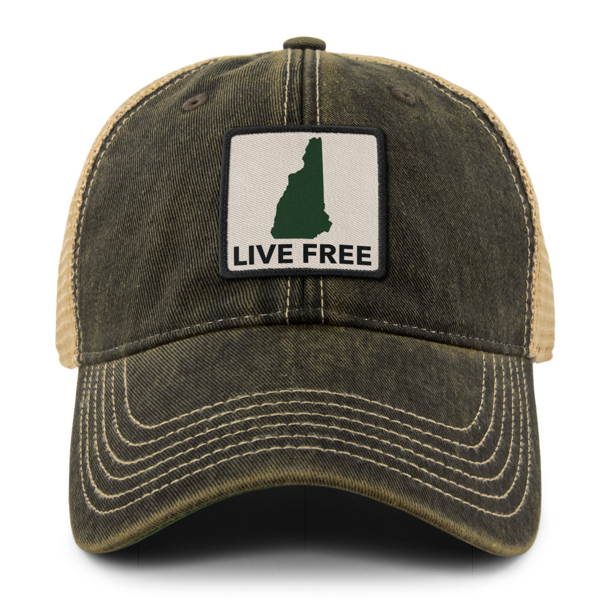 Live Free New Hampshire Printed Patch Dirty Water Trucker Hat - Chowdaheadz