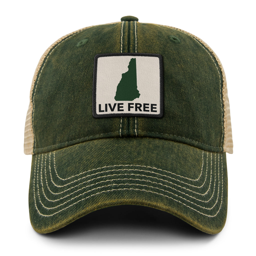 Live Free New Hampshire Printed Patch Dirty Water Trucker Hat - Chowdaheadz
