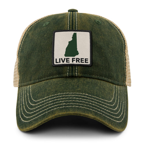 Live Free New Hampshire Printed Patch Dirty Water Trucker Hat - Chowdaheadz