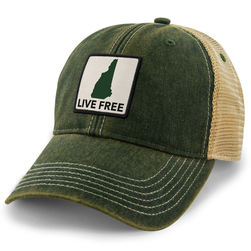 Live Free New Hampshire Printed Patch Dirty Water Trucker Hat - Chowdaheadz