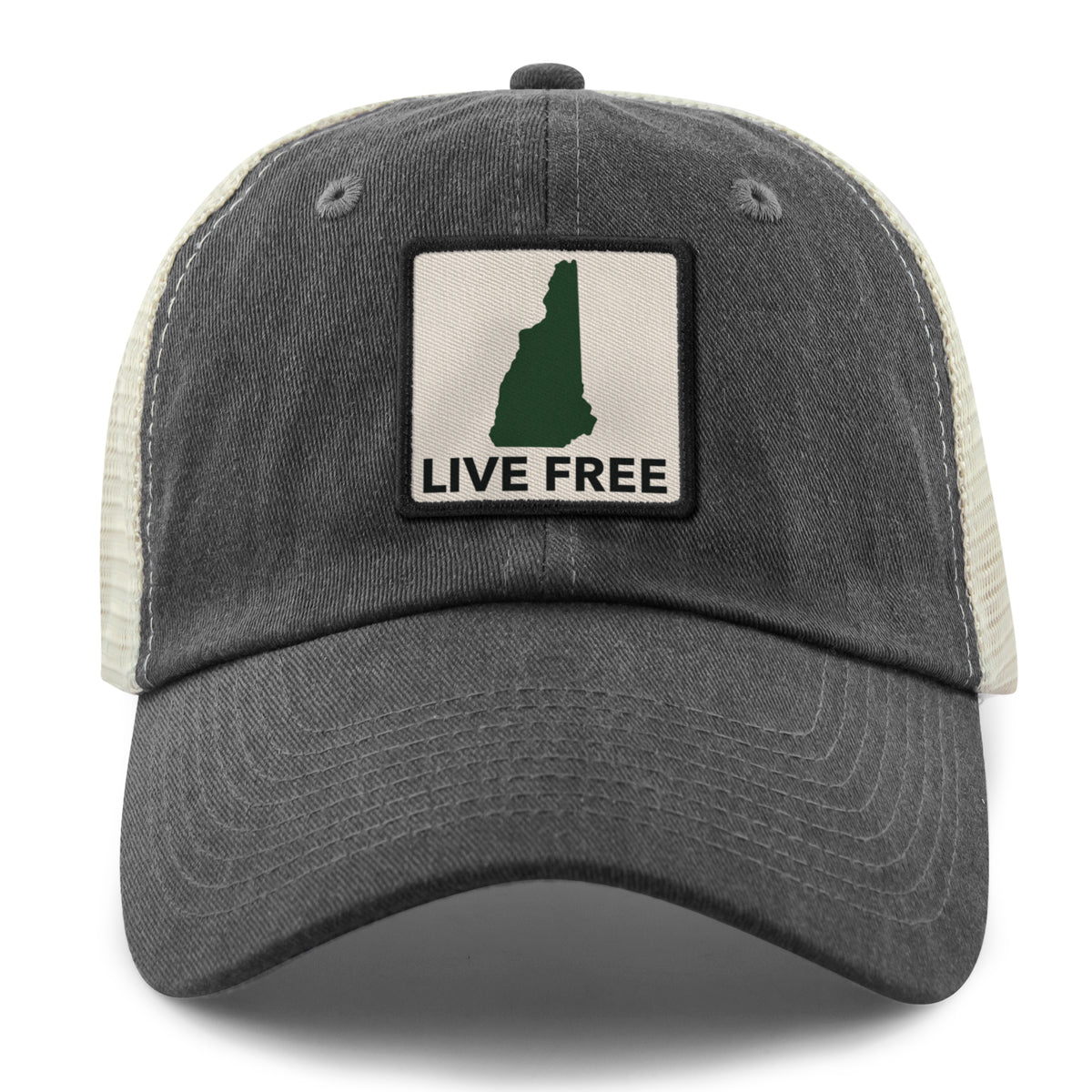 Live Free New Hampshire Printed Patch Relaxed Trucker Hat - Chowdaheadz