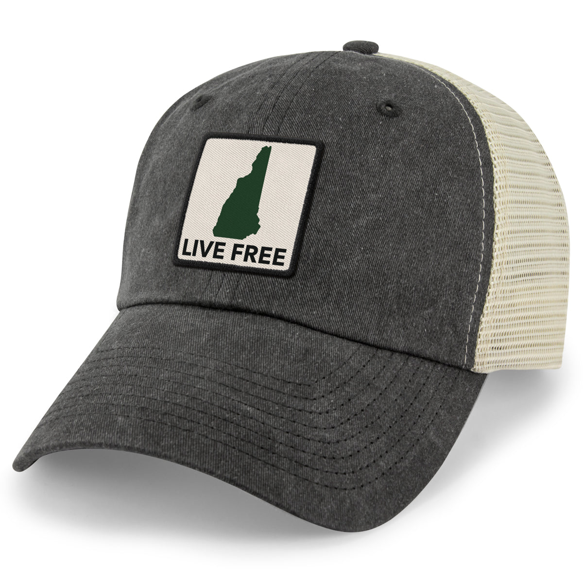 Live Free New Hampshire Printed Patch Relaxed Trucker Hat - Chowdaheadz