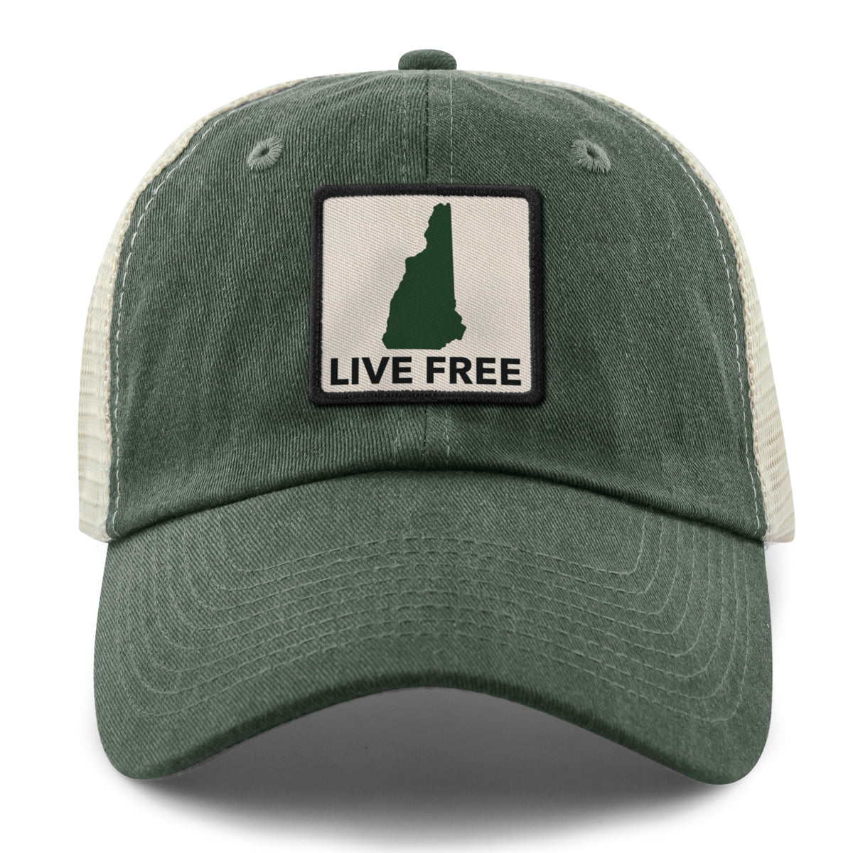 Live Free New Hampshire Printed Patch Relaxed Trucker Hat - Chowdaheadz