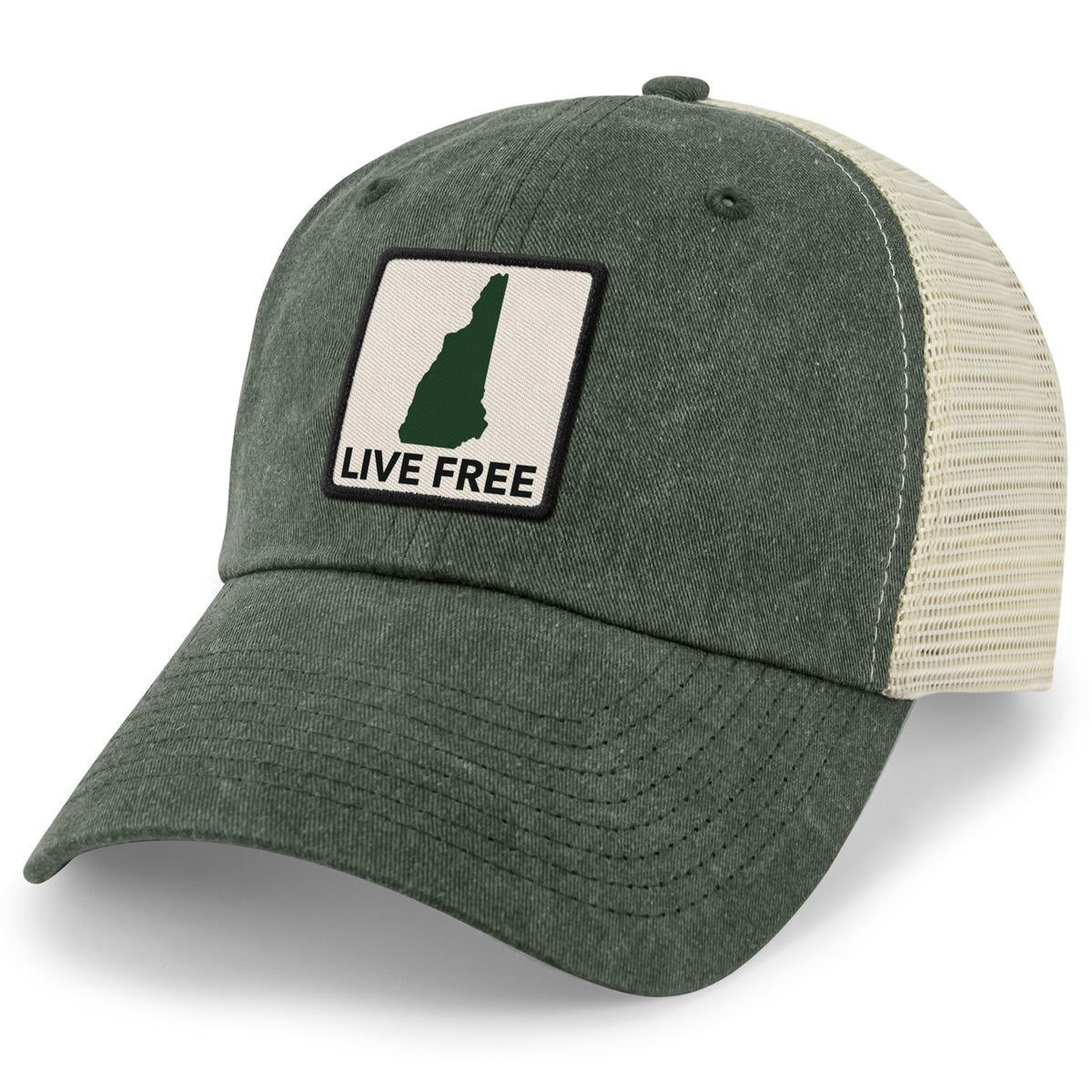 Live Free New Hampshire Printed Patch Relaxed Trucker Hat - Chowdaheadz