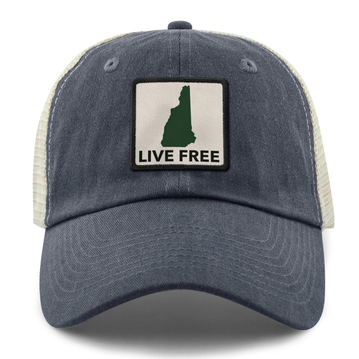 Live Free New Hampshire Printed Patch Relaxed Trucker Hat - Chowdaheadz