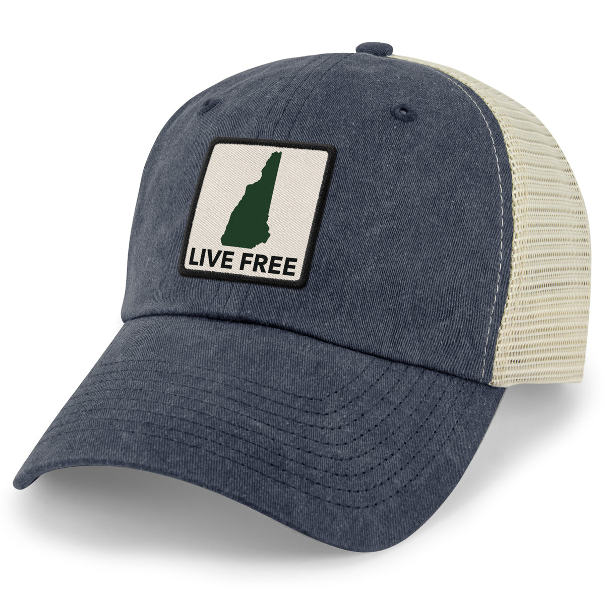 Live Free New Hampshire Printed Patch Relaxed Trucker Hat - Chowdaheadz