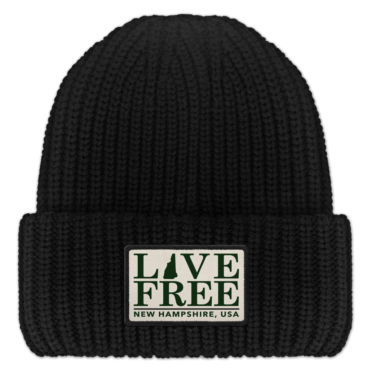 Live Free NH Bar Printed Patch Chunky Knit Winter Hat - Chowdaheadz