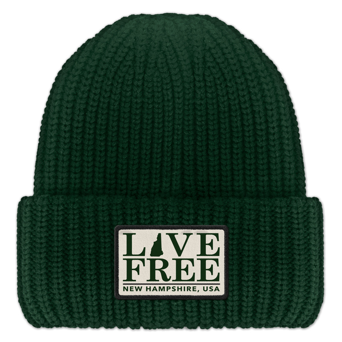 Live Free NH Bar Printed Patch Chunky Knit Winter Hat - Chowdaheadz