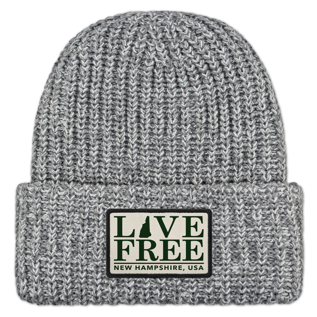 Live Free NH Bar Printed Patch Chunky Knit Winter Hat - Chowdaheadz