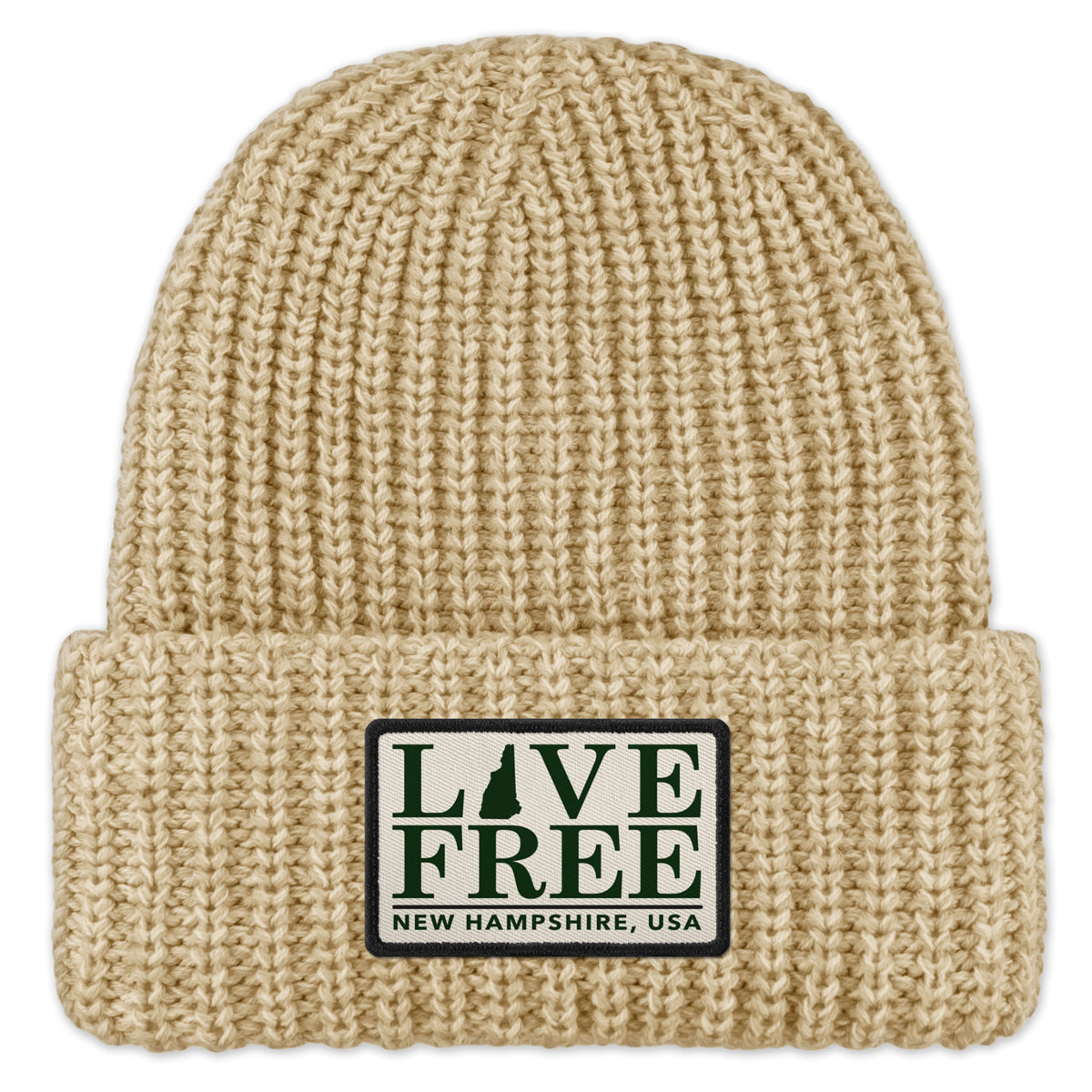 Live Free NH Bar Printed Patch Chunky Knit Winter Hat - Chowdaheadz