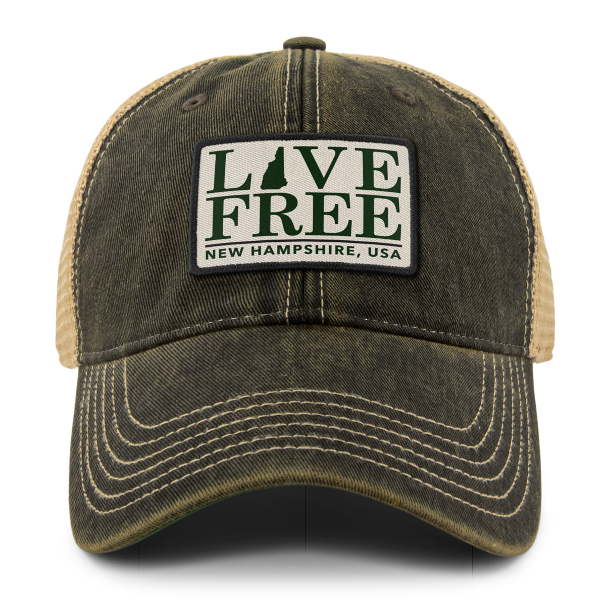 Live Free New Hampshire Bar Patch Dirty Water Trucker Hat - Chowdaheadz