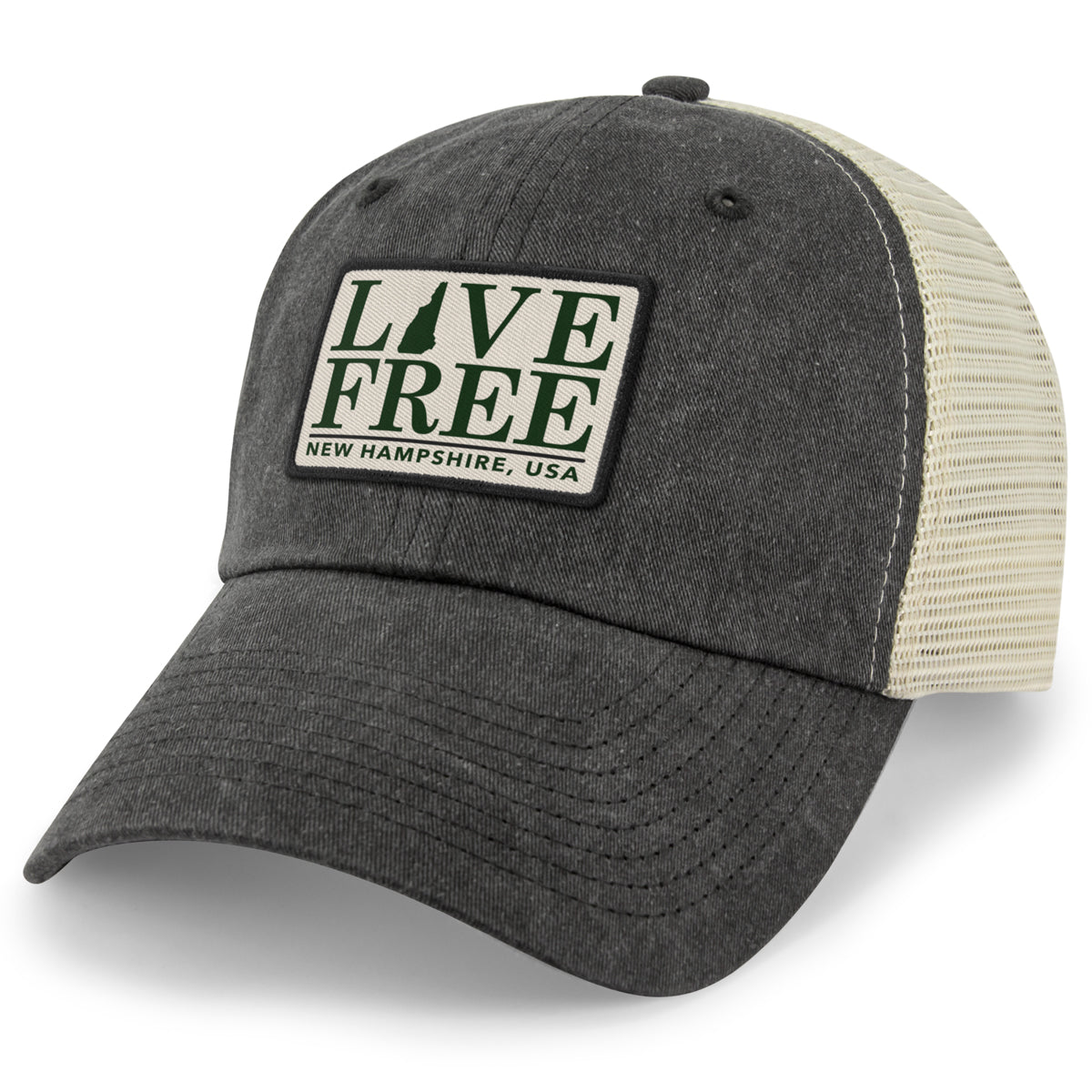 Live Free New Hampshire Bar Patch Relaxed Trucker Hat - Chowdaheadz