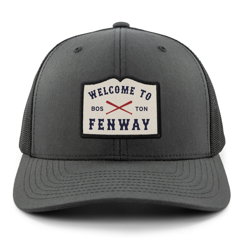 Welcome To Fenway Classic Snapback Trucker Hat — front view in Charcoal