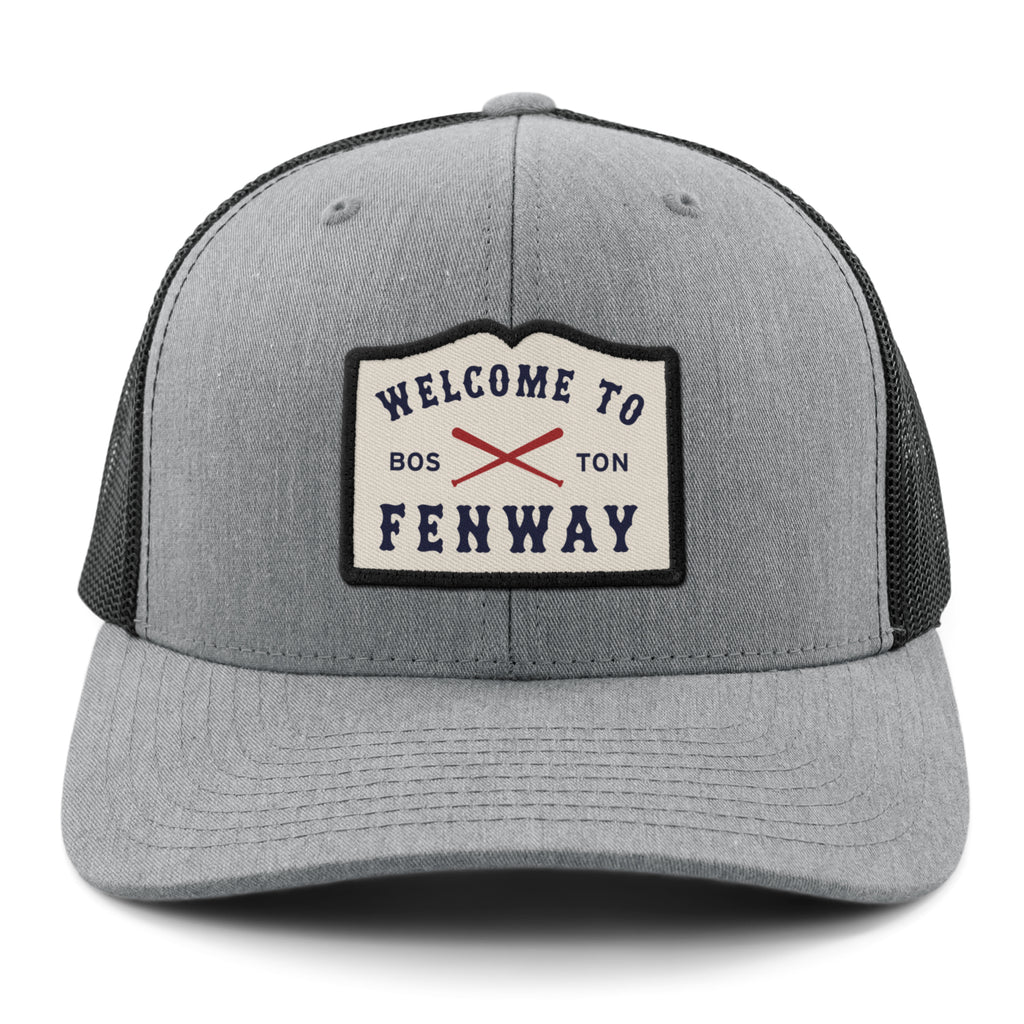 Welcome To Fenway Classic Snapback Trucker Hat — front view in Gray