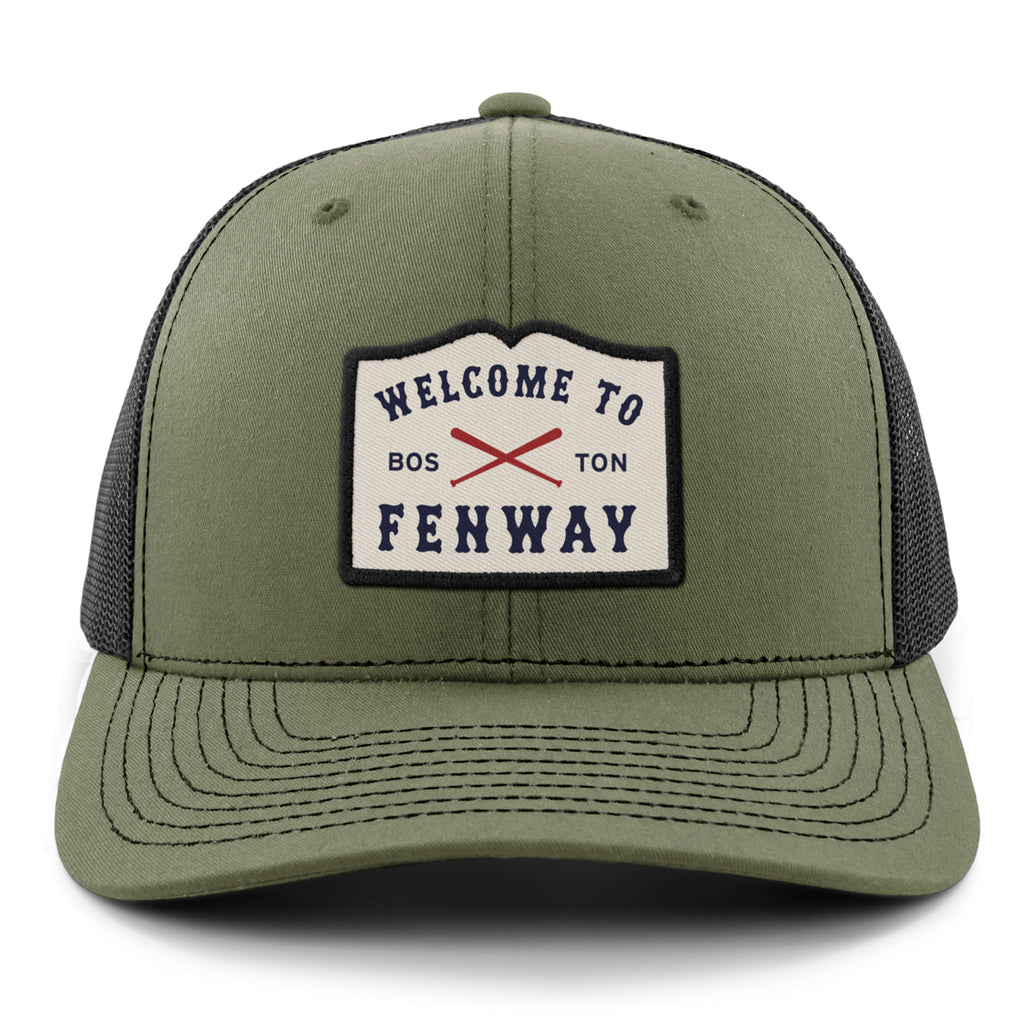 Welcome To Fenway Classic Snapback Trucker Hat — front view in Military Green