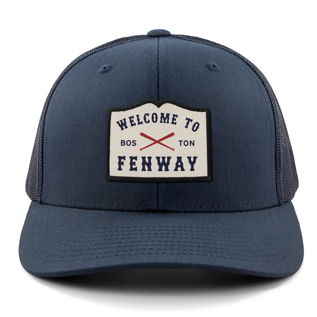 Welcome To Fenway Classic Snapback Trucker Hat — front view in Navy