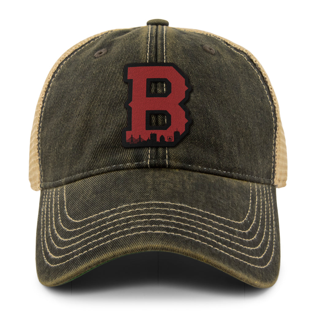 Boston B Red Skyline Dirty Water Trucker Hat — front view in Black