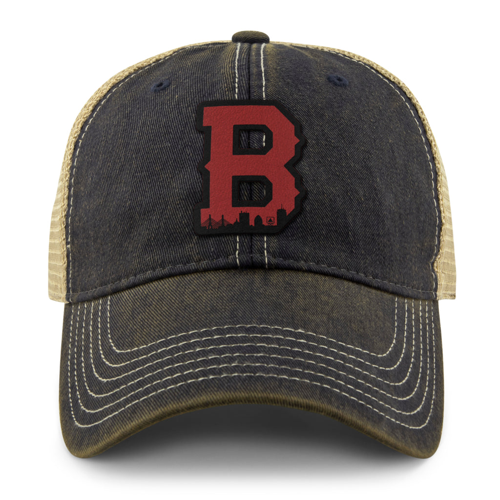Boston B Red Skyline Dirty Water Trucker Hat — front view in Navy