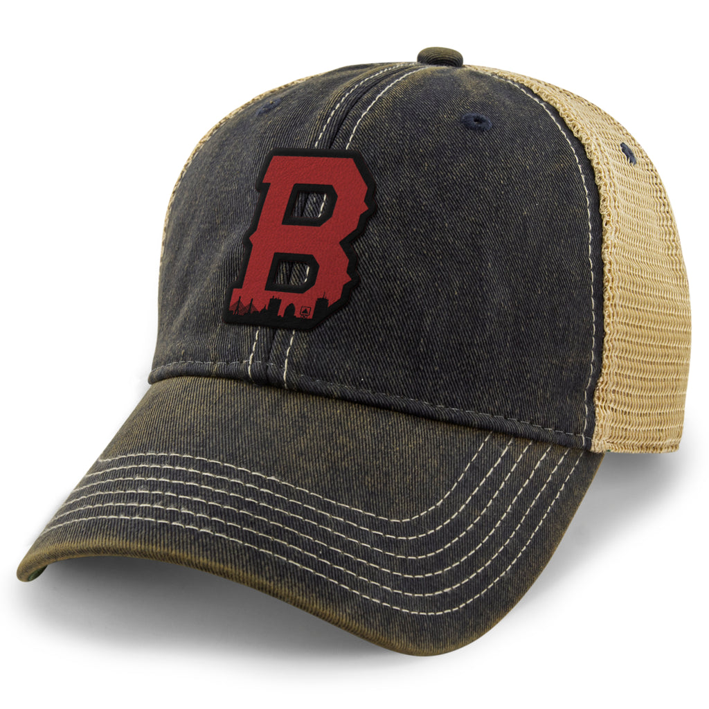 Boston B Red Skyline Dirty Water Trucker Hat — main product view in Navy
