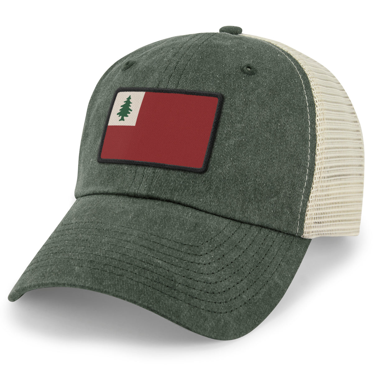 Dark Green relaxed trucker hat with Vintage New England Flag stitched twill patch