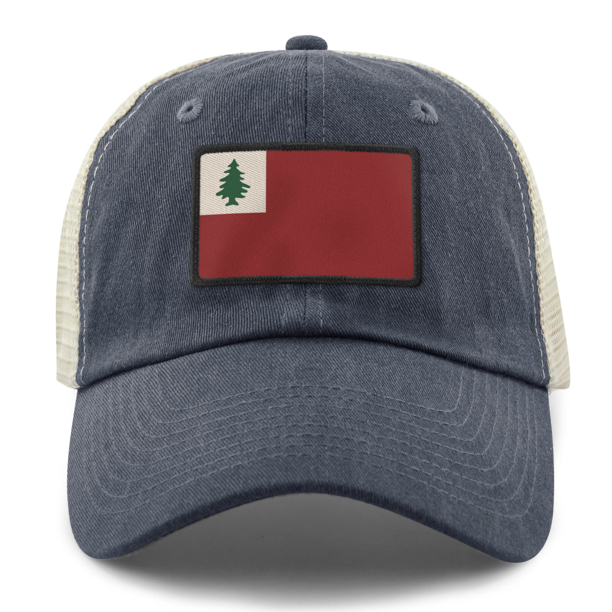 Black relaxed trucker hat with Vintage New England Flag stitched twill patch