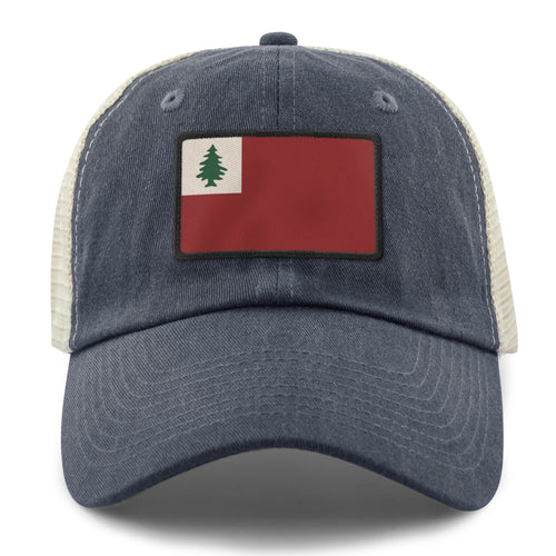 Black relaxed trucker hat with Vintage New England Flag stitched twill patch