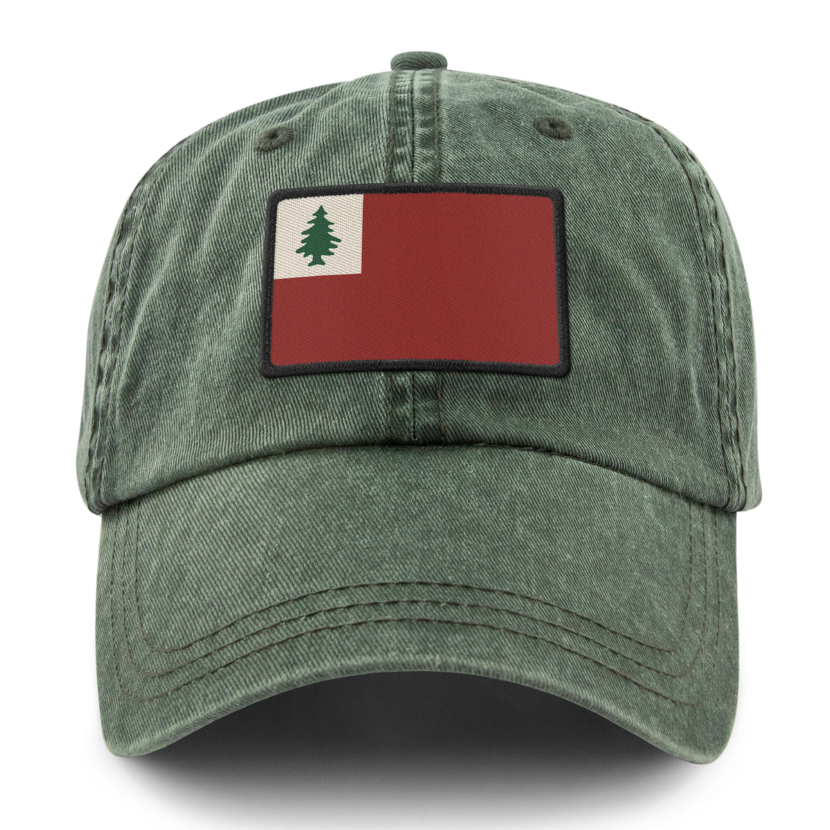 Vintage New England Flag stitched patch detail on washed dad hat