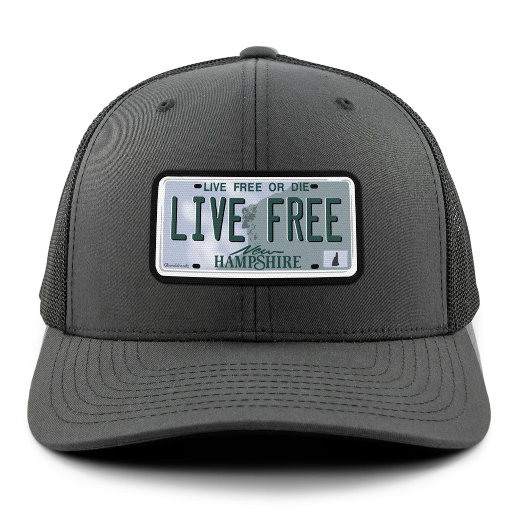 Live Free New Hampshire License Plate Classic Snapback Trucker Hat - Chowdaheadz