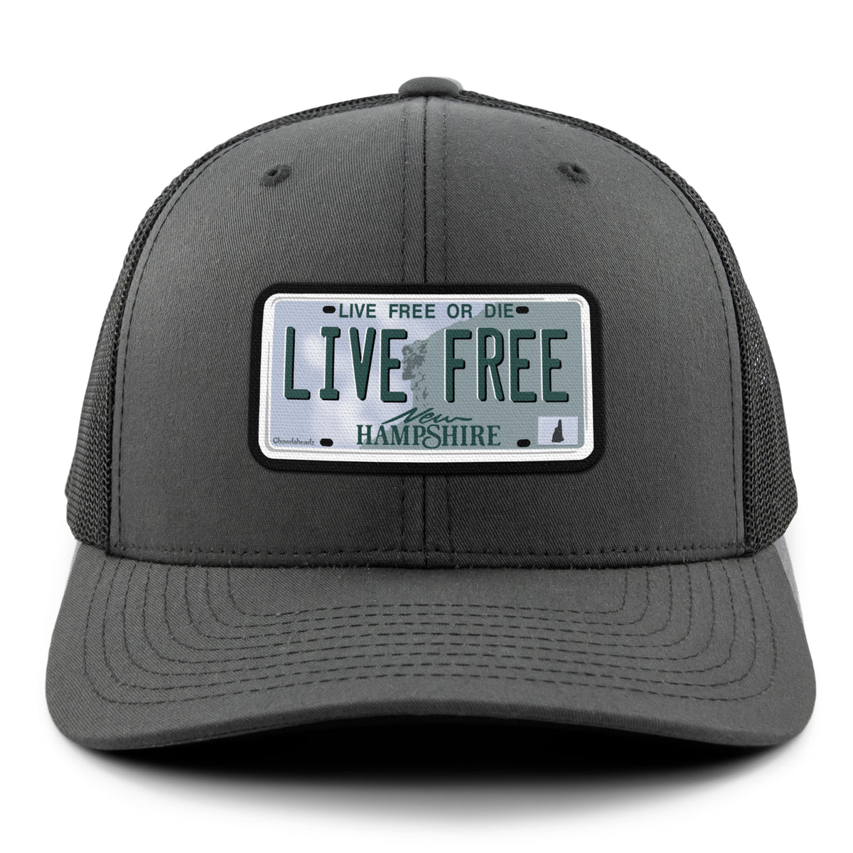Live Free New Hampshire License Plate Classic Snapback Trucker Hat - Chowdaheadz