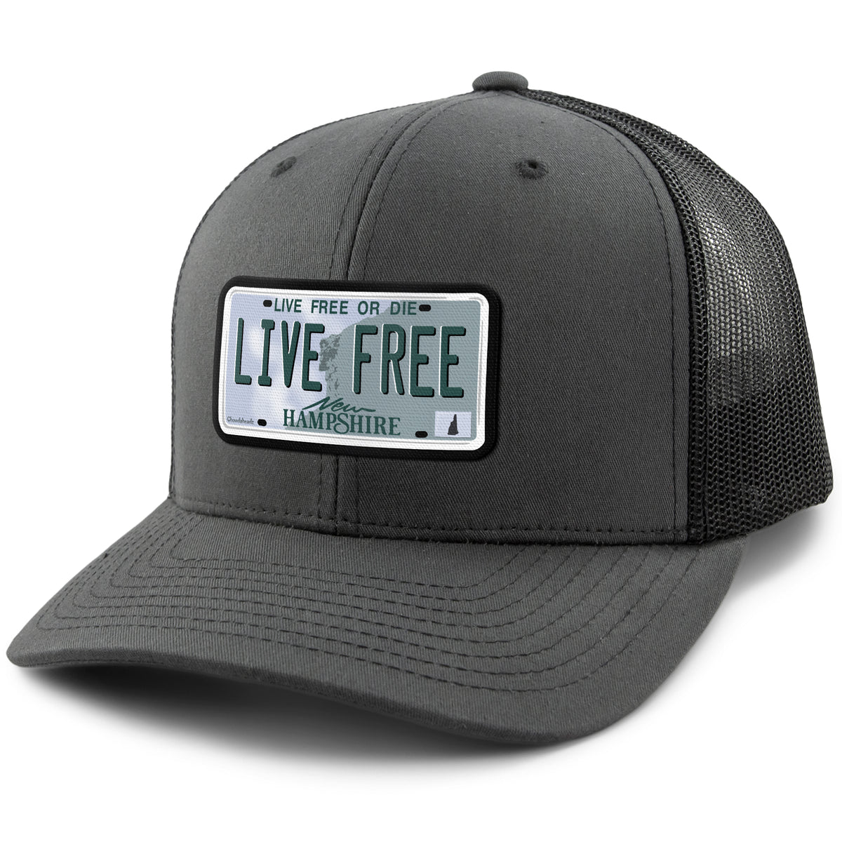 Live Free New Hampshire License Plate Classic Snapback Trucker Hat - Chowdaheadz