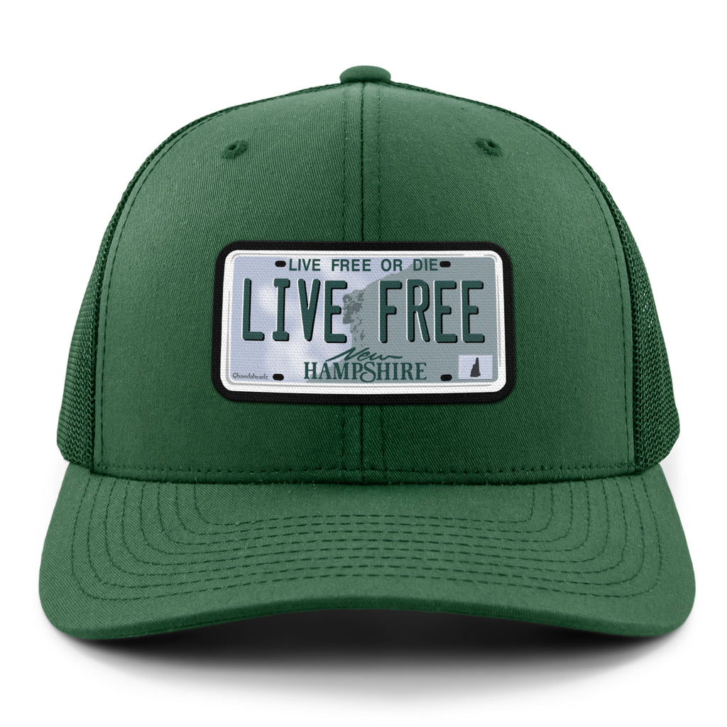 Live Free New Hampshire License Plate Classic Snapback Trucker Hat - Chowdaheadz
