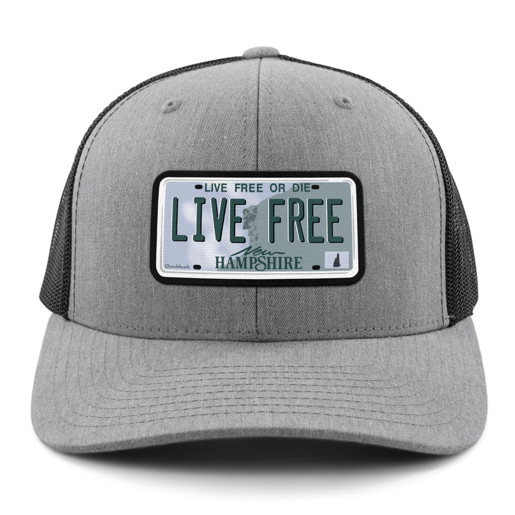 Live Free New Hampshire License Plate Classic Snapback Trucker Hat - Chowdaheadz