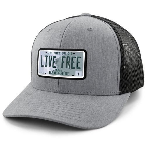 Live Free New Hampshire License Plate Classic Snapback Trucker Hat - Chowdaheadz